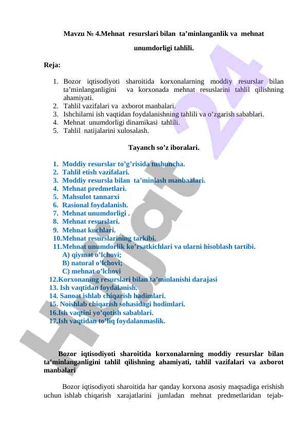 Mehnat resurslari bilan ta’minlanganlik tahlili