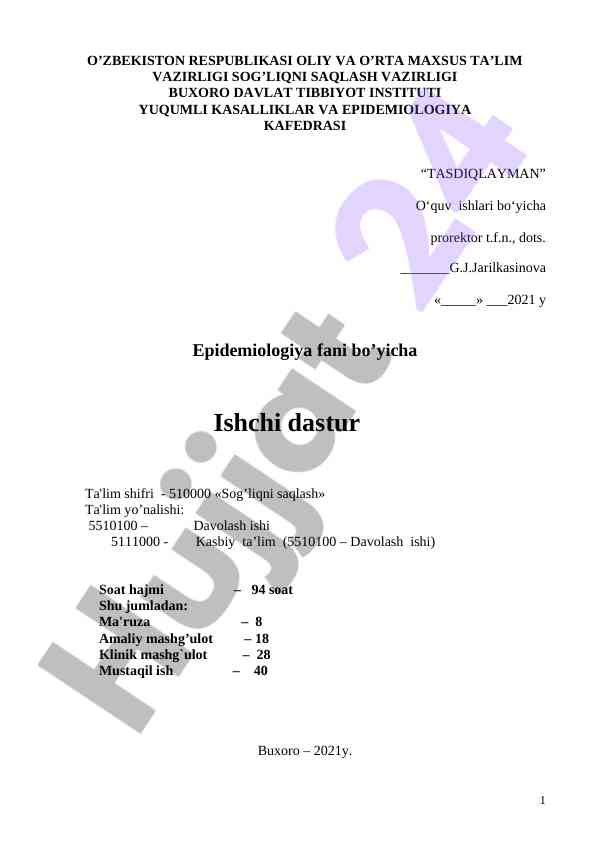 Epidemiologiya fani bo'yicha ishchi dastur 2021