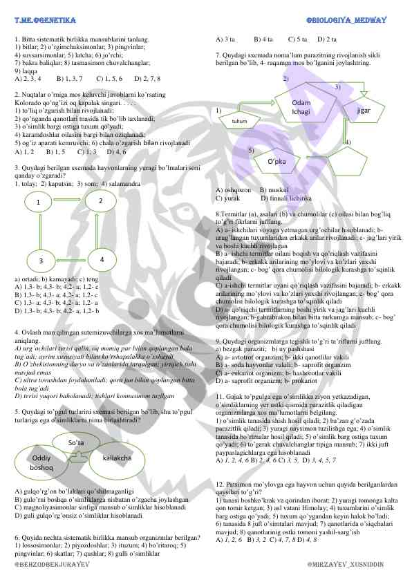 Biologiya fanidan test savollari