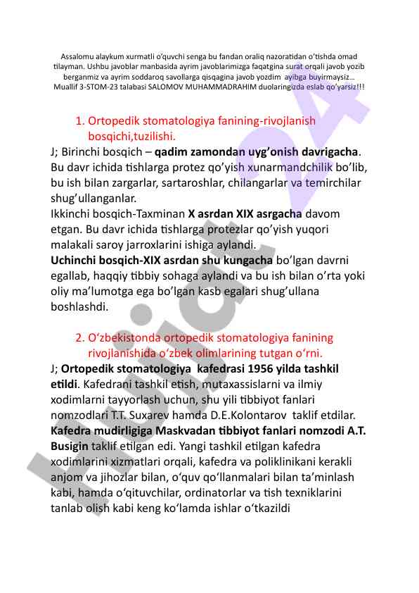 Ortopedik stomatologiya rivojlanishi va o‘zbekistondagi o‘rni