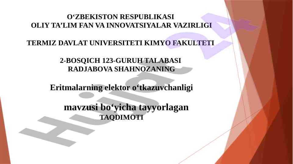 Eritmalarning elektr o‘tkazuvchanligi mavzusi bo‘yicha taqdimot