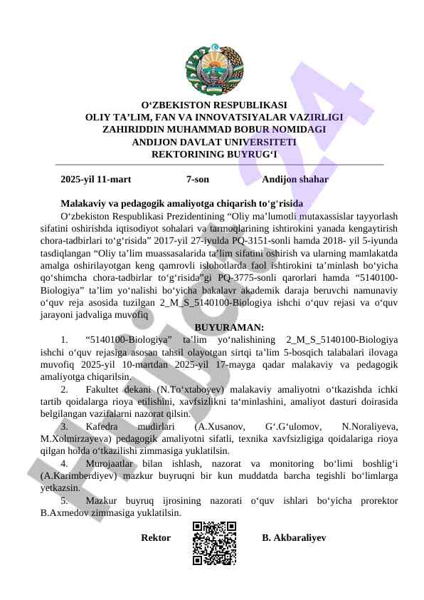 Oliy ta’limda biologiya ta’lim yo‘nalishi rejasi