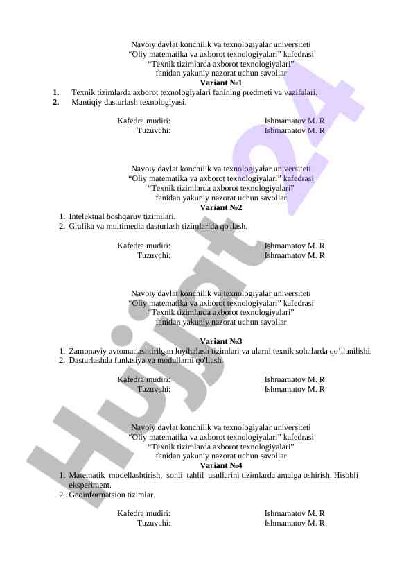 Texnik tizimlarda axborot texnologiyalari savollari
