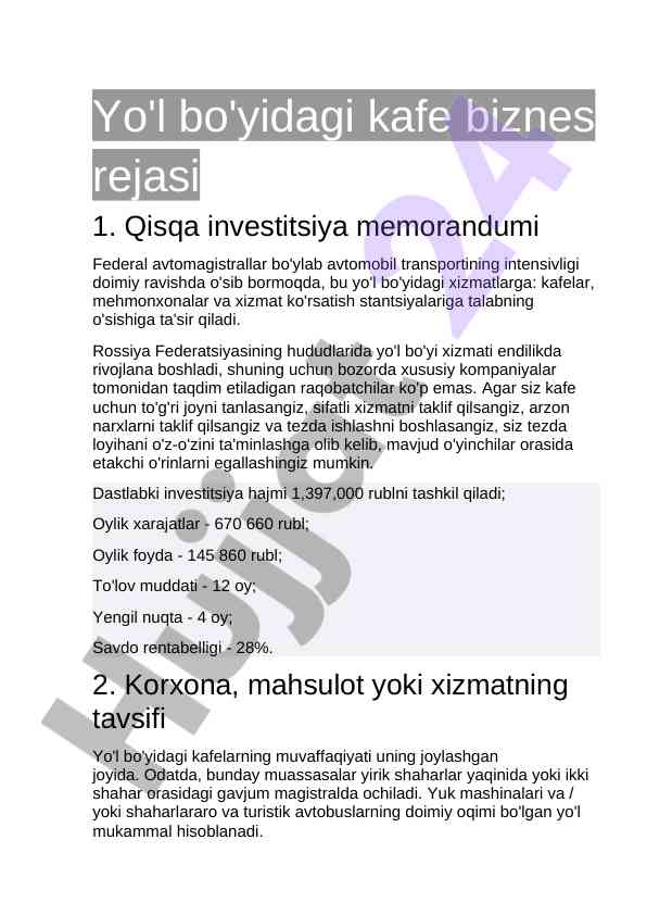 Yo'l bo'yidagi kafe biznes rejasi