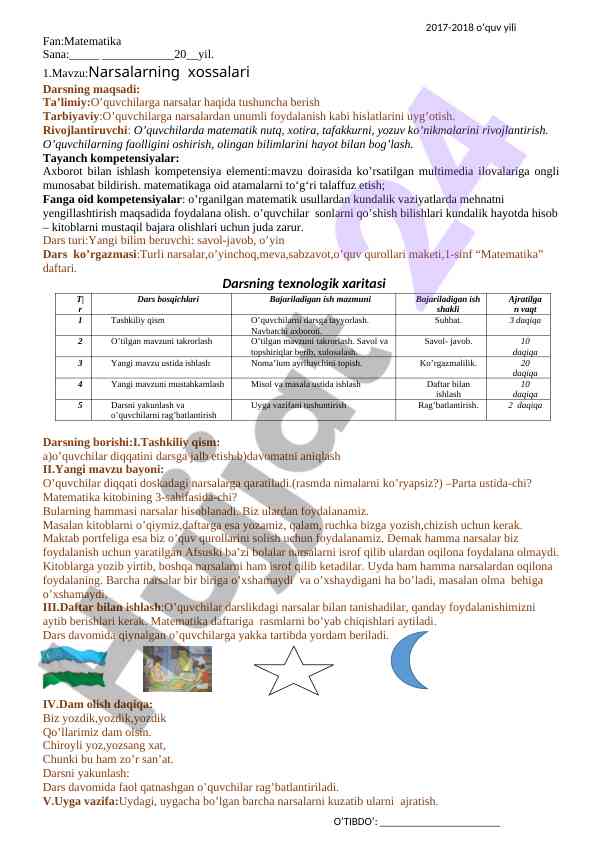 Narsalarning xossalari dars ishlanmasi
