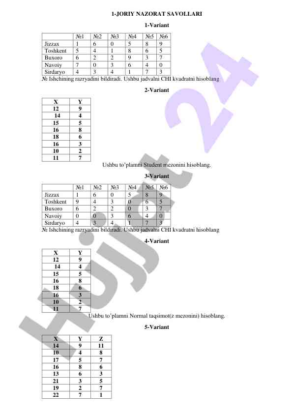 Joriy nazorat savollari 1-variant bo'yicha test