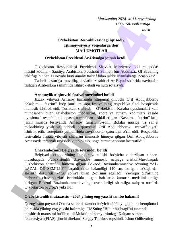 O‘zbekiston iqtisodiy va ijtimoiy voqealari to‘g‘risida