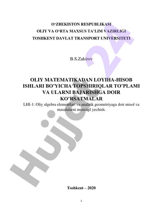 Oliy matematika loyiha-hisob ishlari bo'yicha topshiriqlar