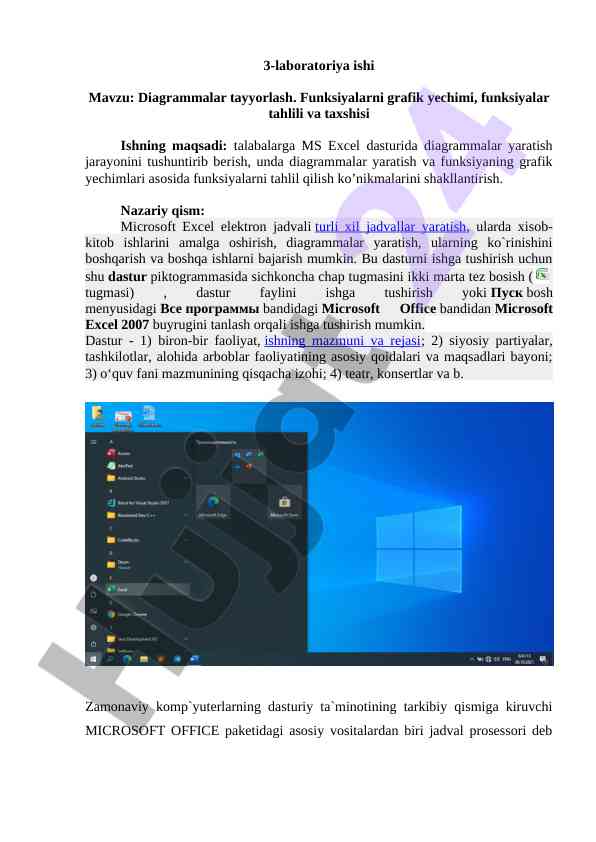 Diagrammalar tayyorlash va funktsiyalar tahlili
