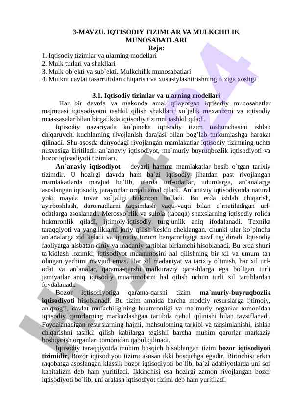 Iqtisodiy tizimlar va mulkchilik munosabatlari