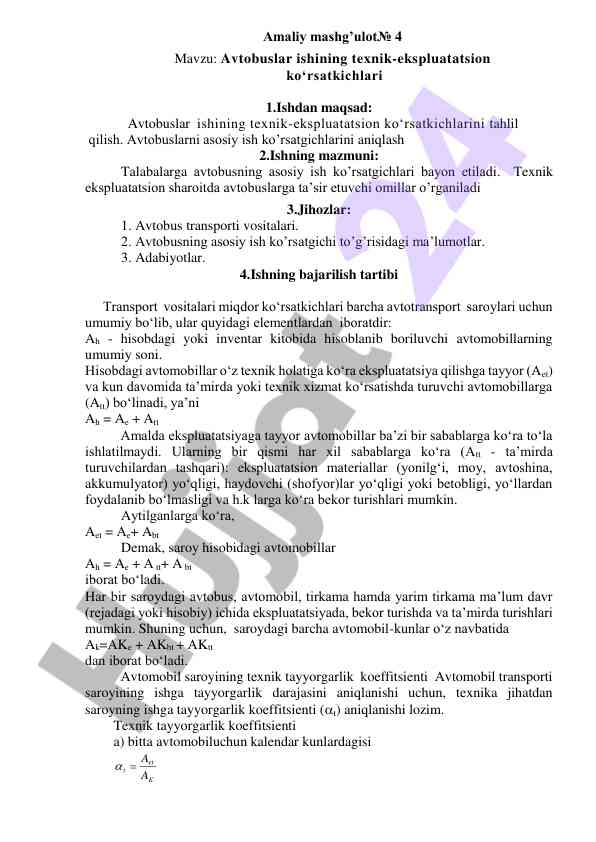 Avtobuslar ishining texnik-ekspluatatsion ko‘rsatkichlari