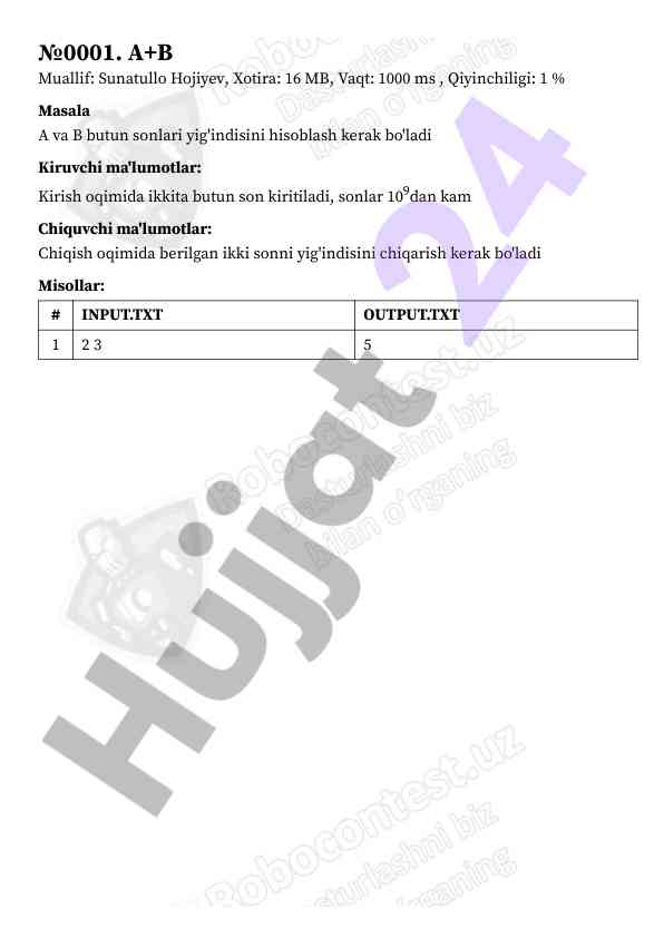 Ikkita butun sonning yig'indisini hisoblash masalasi