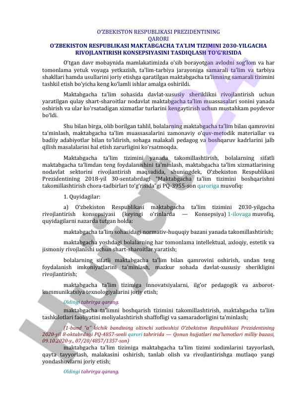Maktabgacha ta’lim tizimini rivojlantirish konsepsiyasi