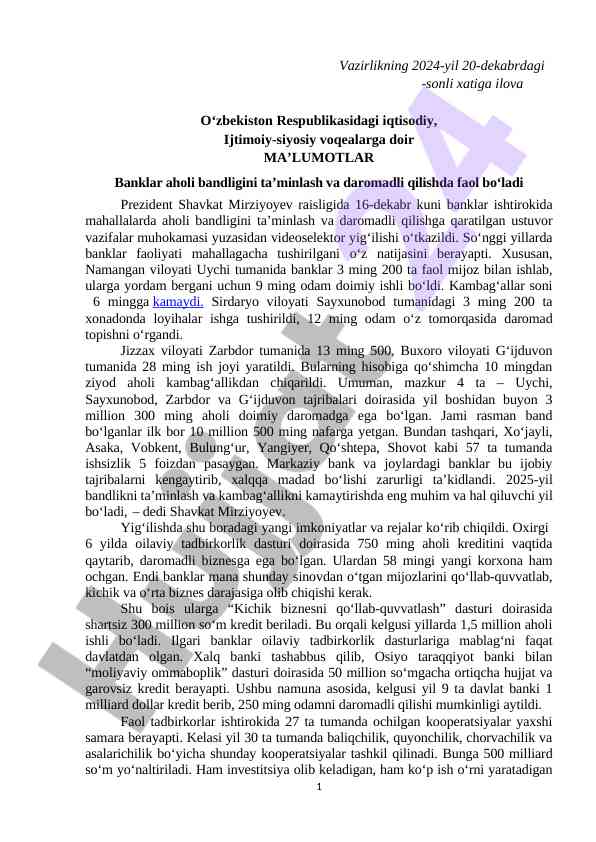 O‘zbekiston respublikasi iqtisodiy voqealari 2024