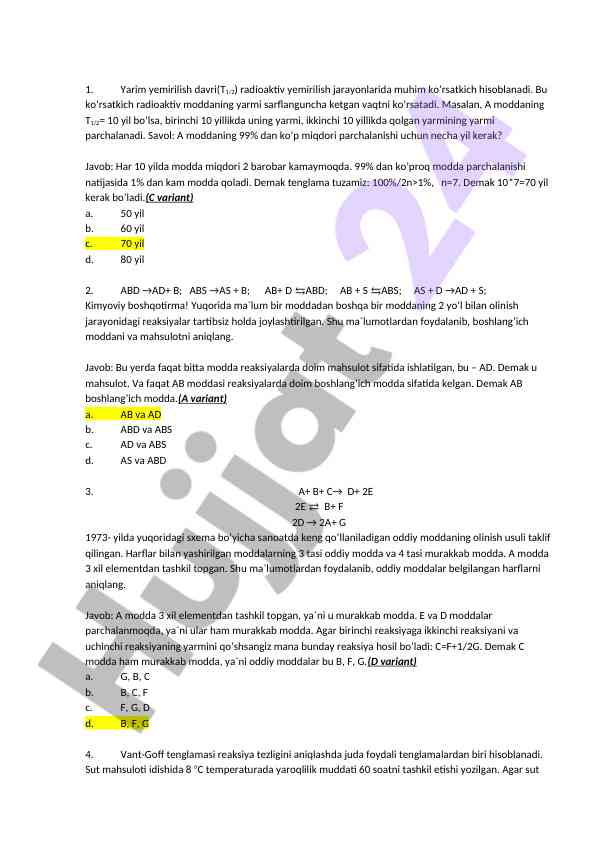 Radioaktiv yemirilish davri t1/2 tahlili