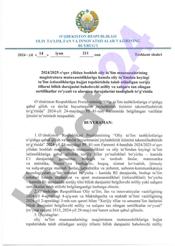 Xorijiy tillarda talablar va sertifikatlar 2024