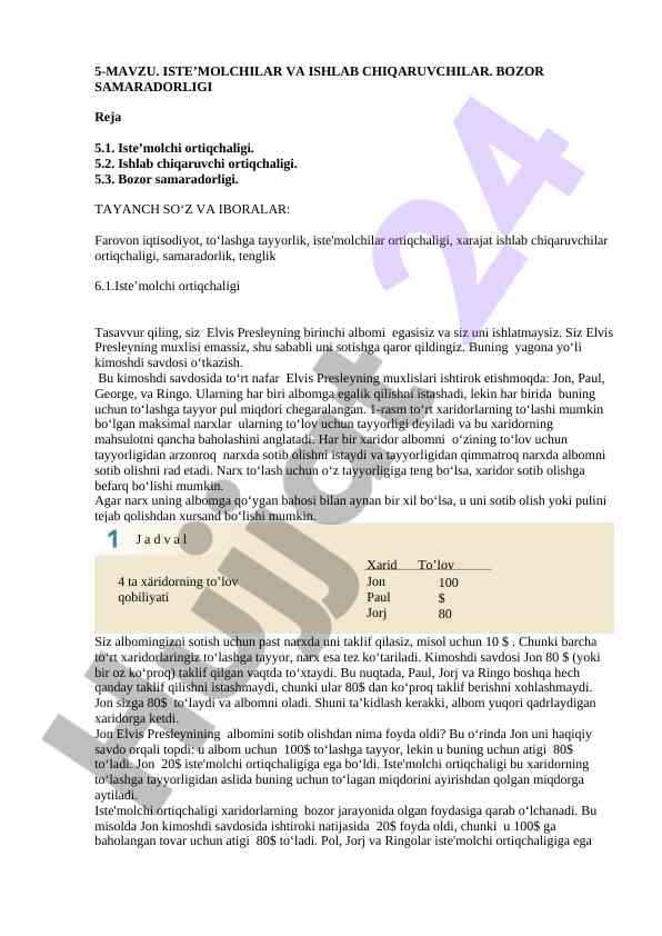 Iste’molchilar va ishlab chiqaruvchilar bozor samaradorligi