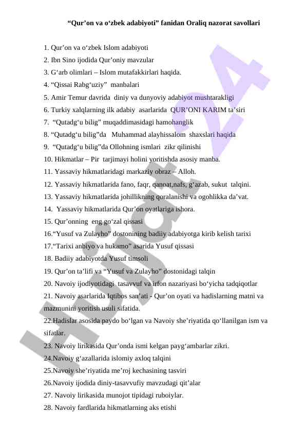 Qur’on va o‘zbek adabiyoti oraliq nazorat savollari