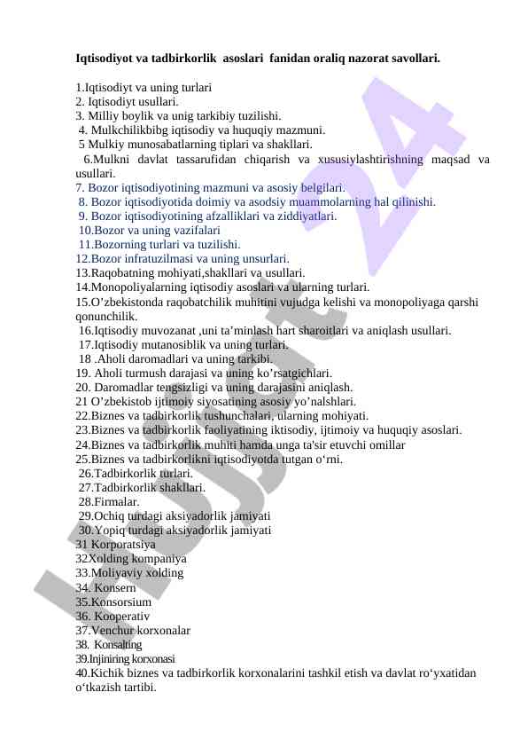 Iqtisodiyot va tadbirkorlik asoslari nazorat savollari