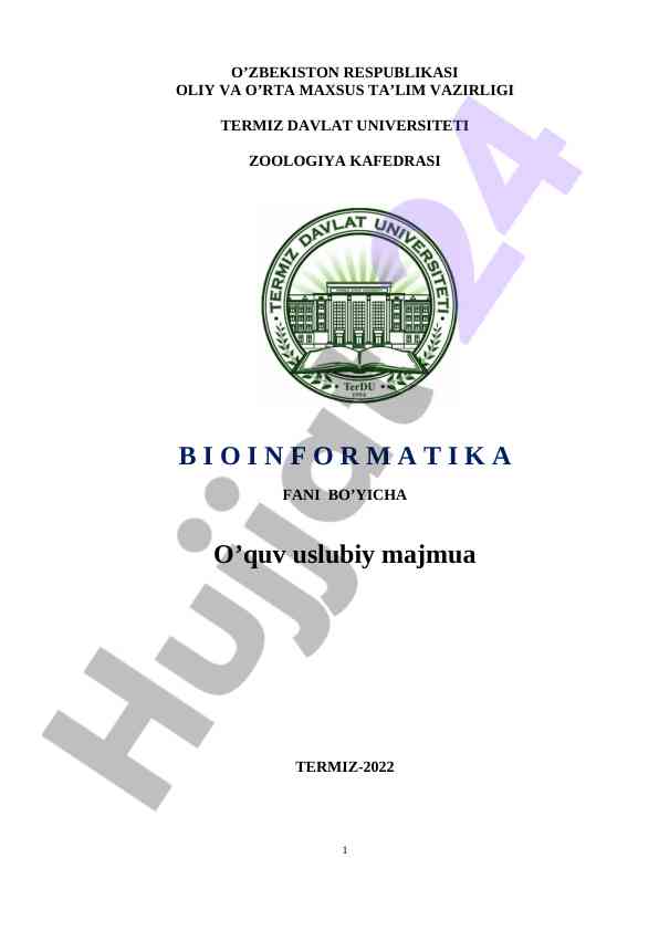 Bioinformatika fani bo‘yicha o‘quv usuliy majmua