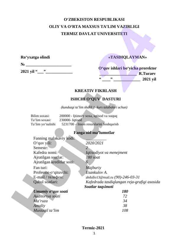 Kreativ fikrlar ishchi o‘quv dasturi