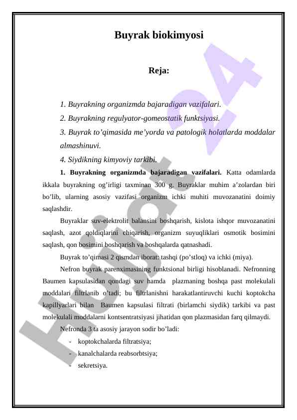 Buyrak biokimyosi va uning funktsiyalari