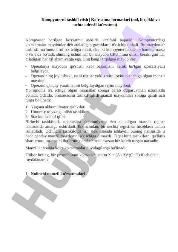 Kompyuterni tashkil etish ko’rsatma formatlari
