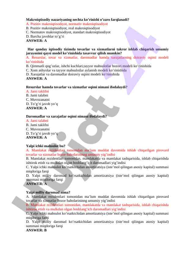 Makroiqtisodiy nazariyalar bo'yicha test savollari