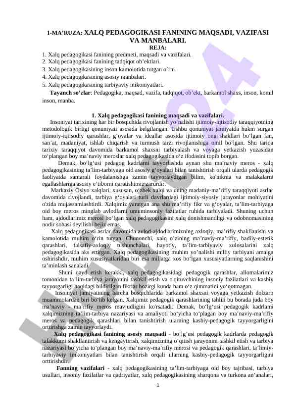 Xalq Pedagogikasi Fanning Maqsadi Va Vazifalari