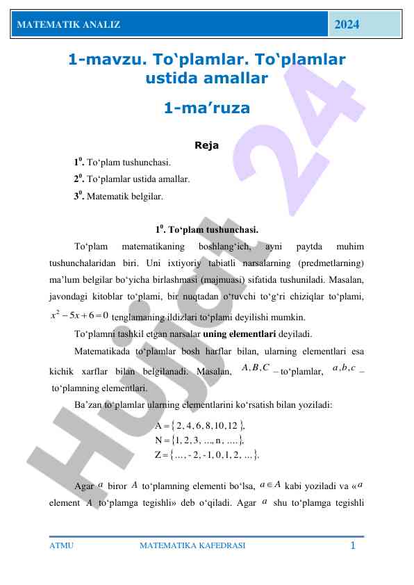 Matematik analiz darslari to‘plamlar asoslari