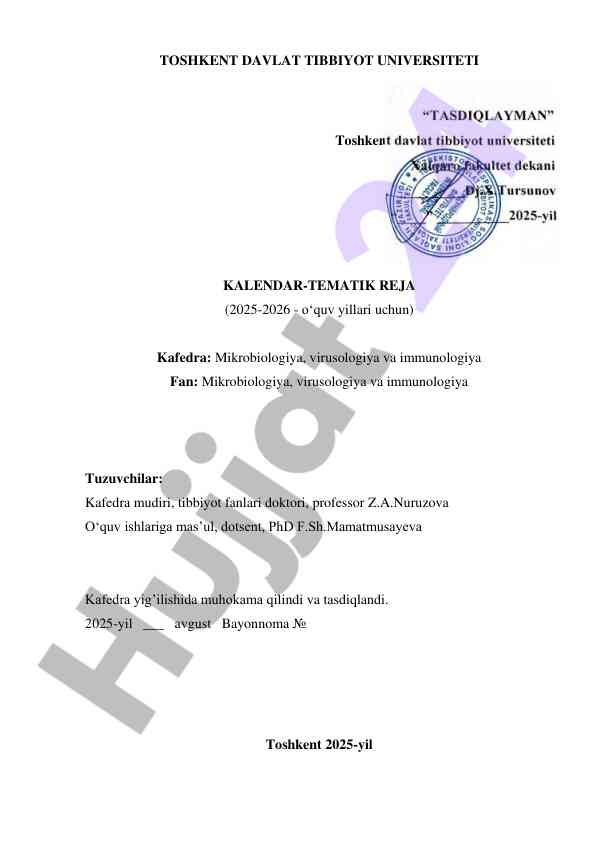 Kalendar-tematik reja 2025-2026 o‘quv yili