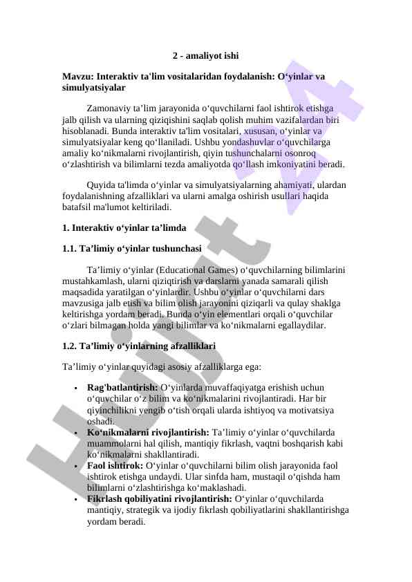 Interaktiv ta'lim vositalari va o'yinlar