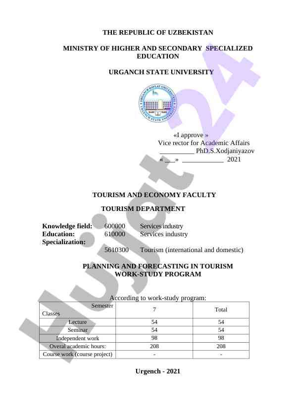 Planning and forecasting in tourism work-study program