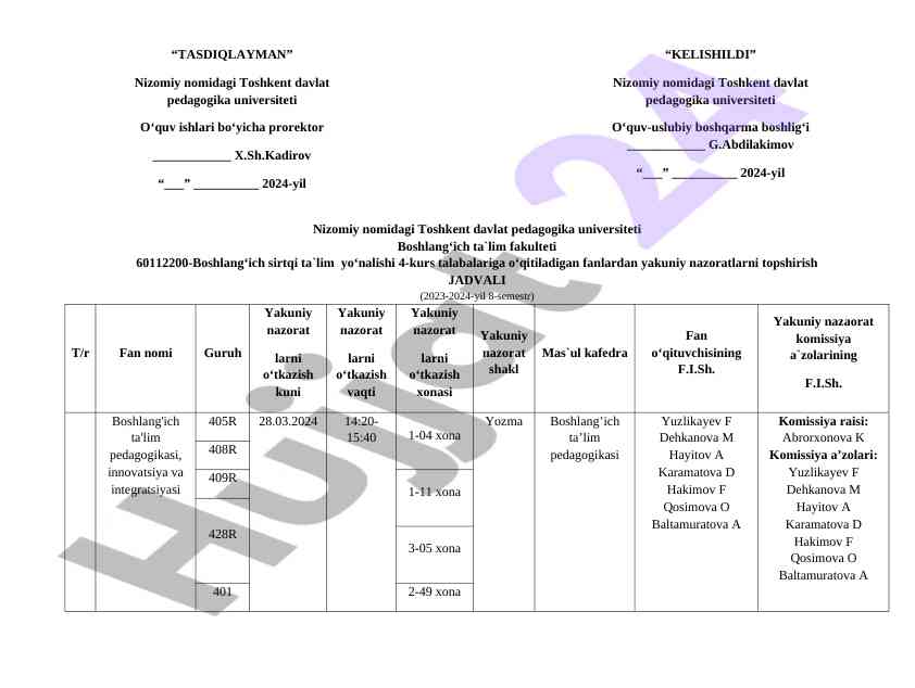 Boshlang‘ich ta'lim nazoratlari jadvali 2023-2024