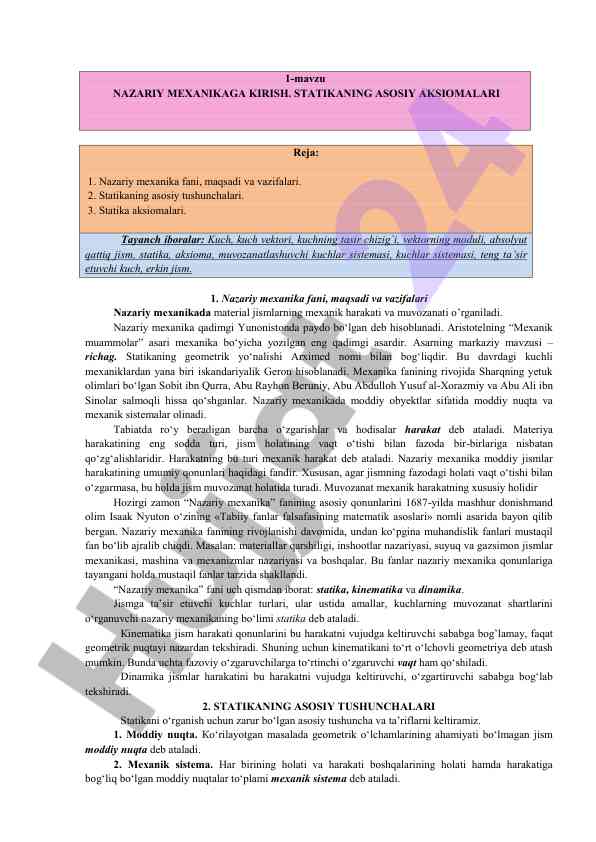 Nazariy mexanikaga kirish va statikaning aksiyomalari