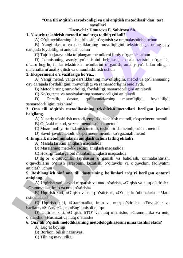 Ona tili o‘qitish savodxonligi test savollari