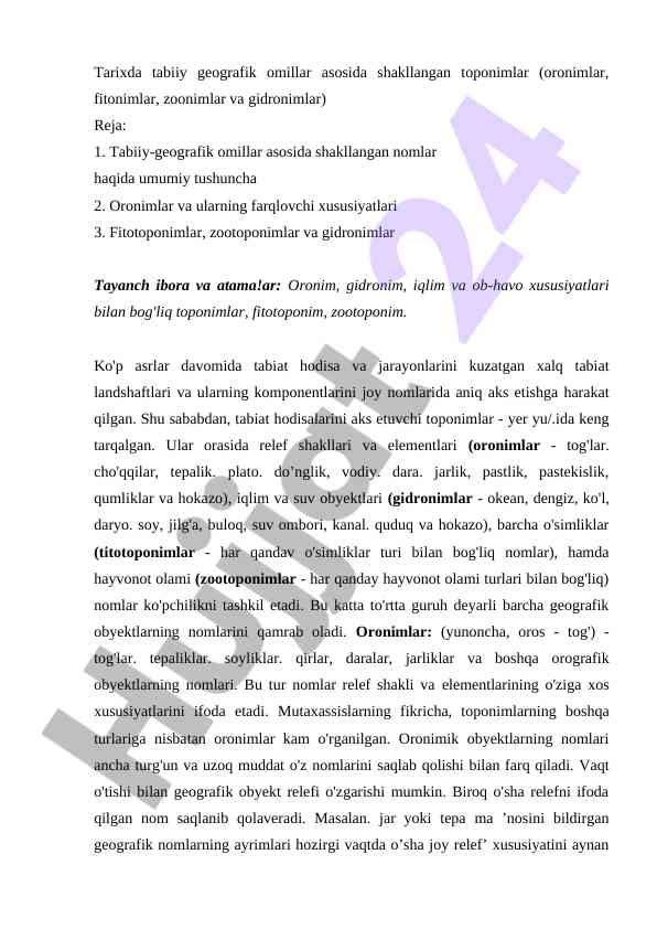 Tabiiy geografik omillar asosida shakllangan toponimlar