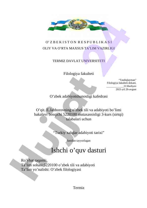 Turkiy xalqlar adabiyoti tarixi o‘quv dasturni