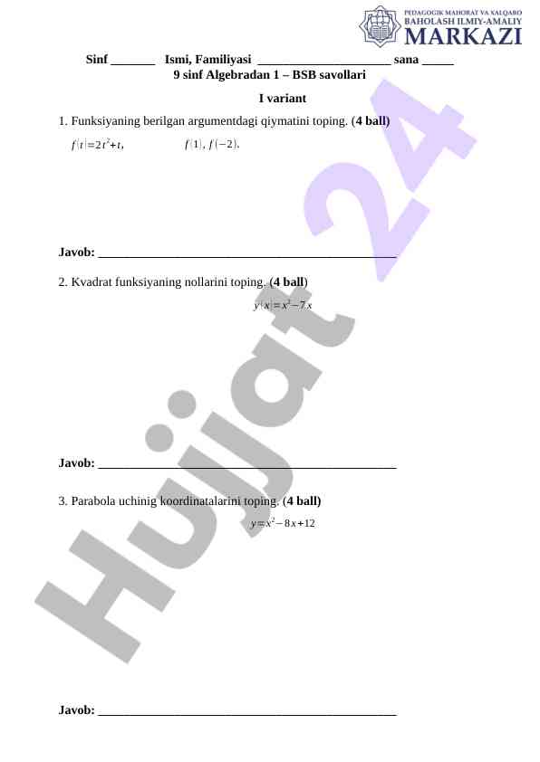 Algebradan o‘quvchi bilan test savollari