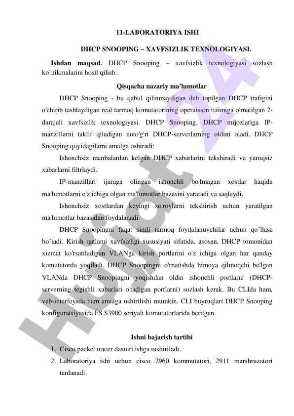 Dhcp snooping – xavfsizlik texnologiyasi tahlili