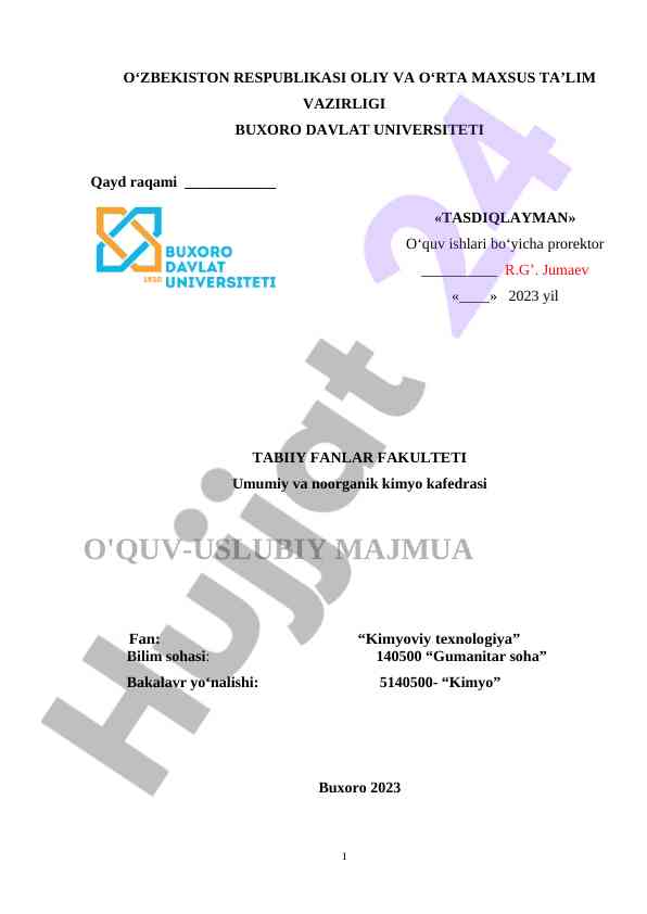 Kimyoviy texnologiya o‘quv dasturi 2023