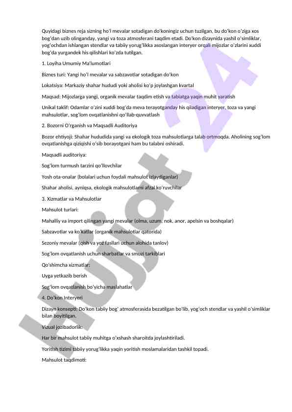 Yangi ho‘l mevalar sotadigan do'kon biznes rejasi