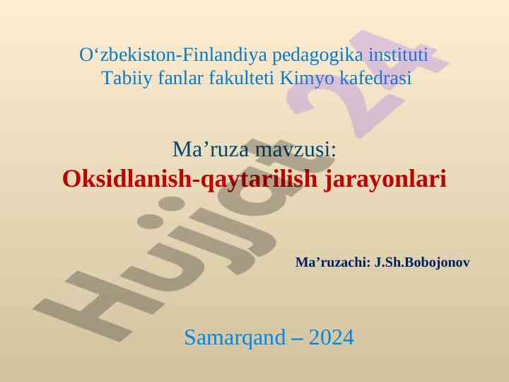 Oksidlanish-qaytarilish jarayonlari ma’ruza mavzusi