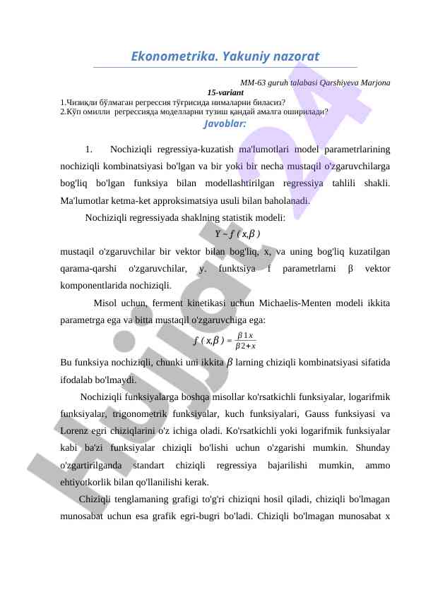 Nochizikli regressiya tahlili haqida ma'lumotlar