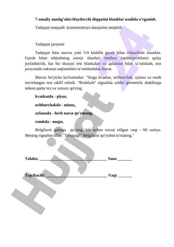 Haydovchi diqqatini o’rganish amaliy mashg’uloti