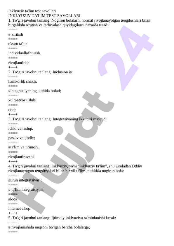 Inklyuziv ta'lim test savollari