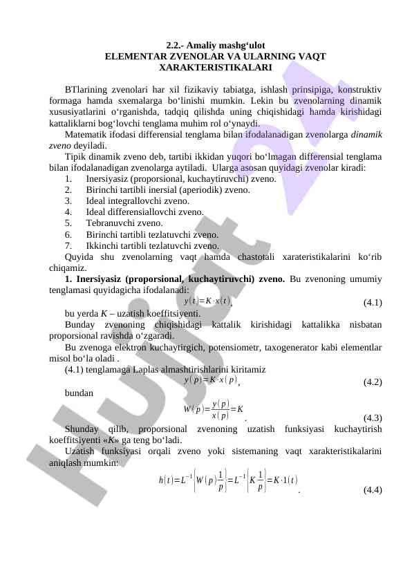 Elementar zvenolar va ularning vaqt xarakateristikalari