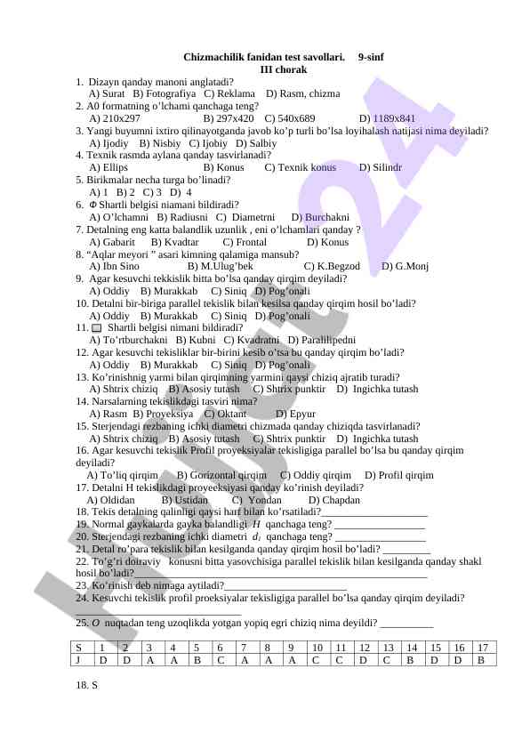 Chizmachilik fanidan test savollari 9-sinf uchun
