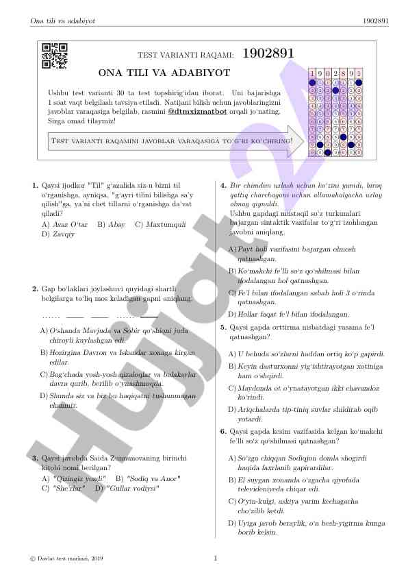 Ona tili va adabiyot test variantlari