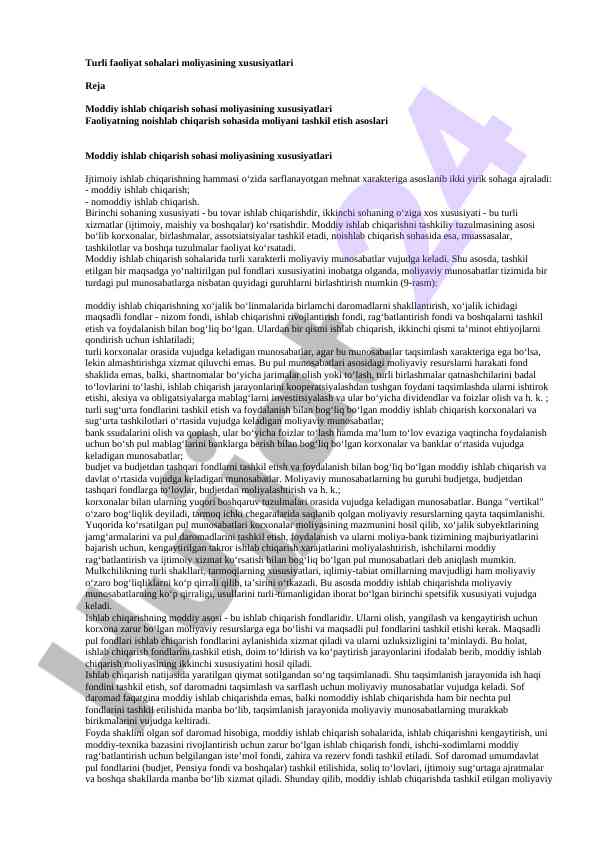 Moliyaning xususiyatlari moddiy ishlab chqarish sohasida